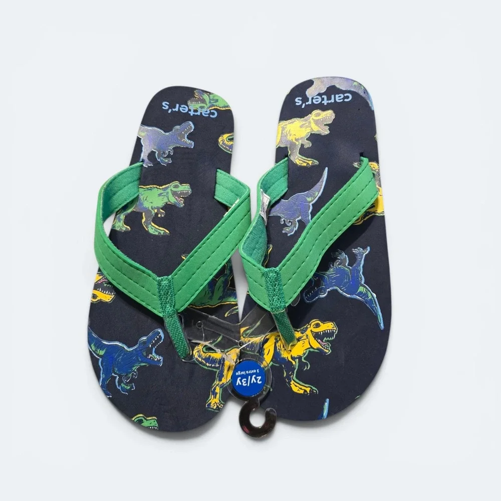 Carters Boys Dinosaur Flip Flops Navy Blue Sandals Size 2/3Y